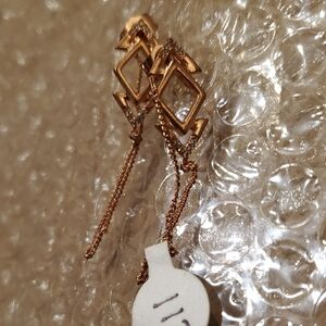 Elegant Rose Tone Gold Geometric Earrings With Chains